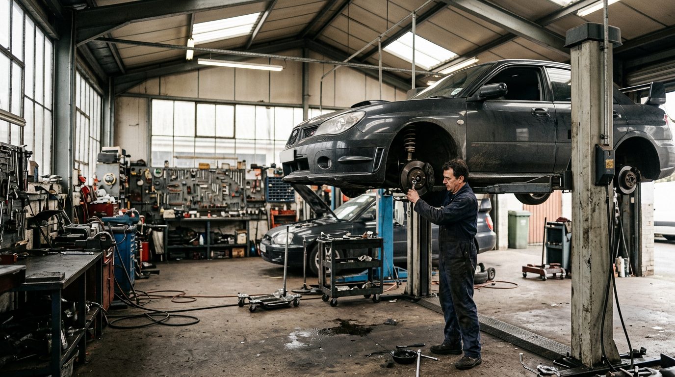A mechanic working underneath a car raised on a ramp in the Dorrington Performance workshop