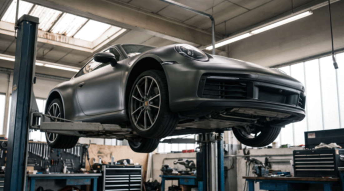 Performance car raised on a lift in the workshop